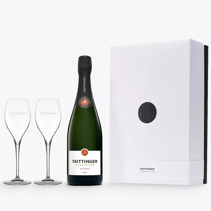 Taittinger Brut NV Champagne & Glasses Gift Set (1 X 75cl Bottle & 2 Glass Flutes)